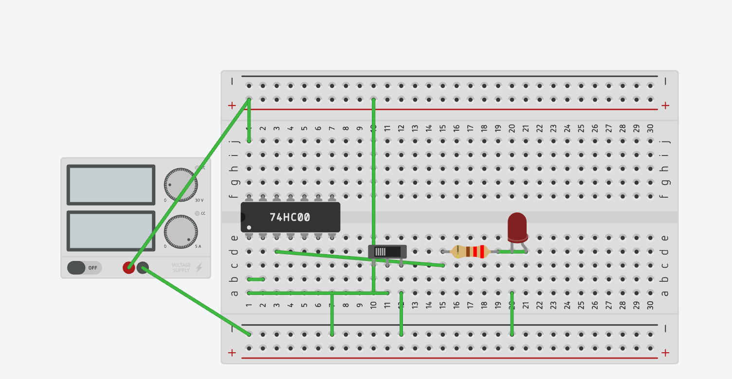 スイッチを74HC00のNandの2つの入力につないで、出力をLEDで確認するNot回路